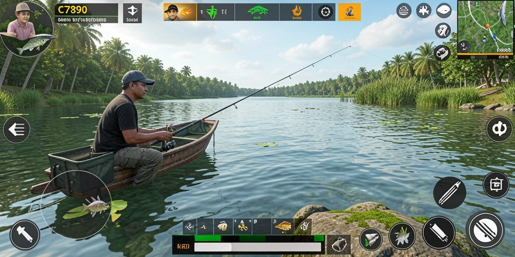 Tampilan gameplay C7890 dengan aksi memancing yang seru.