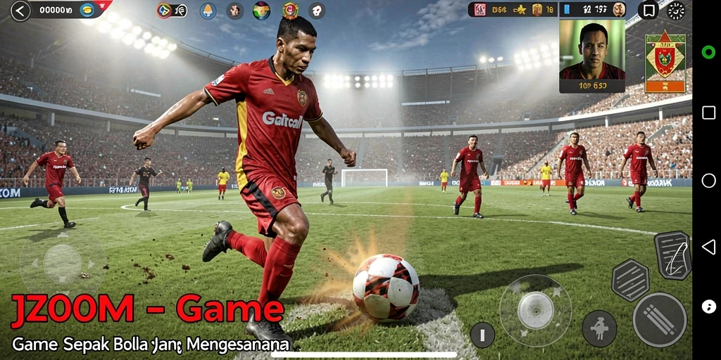 Screenshot J200M menampilkan aksi seru pertandingan sepak bola.