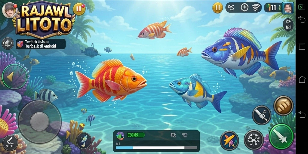 Screenshot RAJAWALITOTO menampilkan aksi seru menembak ikan.