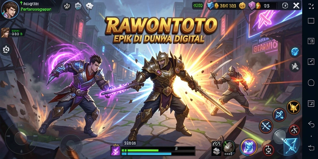 Tampilan gameplay pertarungan intens di RAWONTOTO dengan karakter yang siap bertarung.